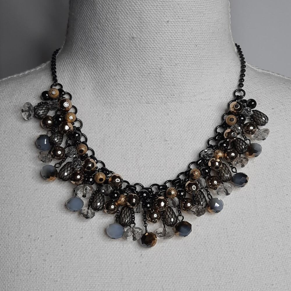 Cluster Bead Bib Necklace Gold/Blue - Picture 6 of 7